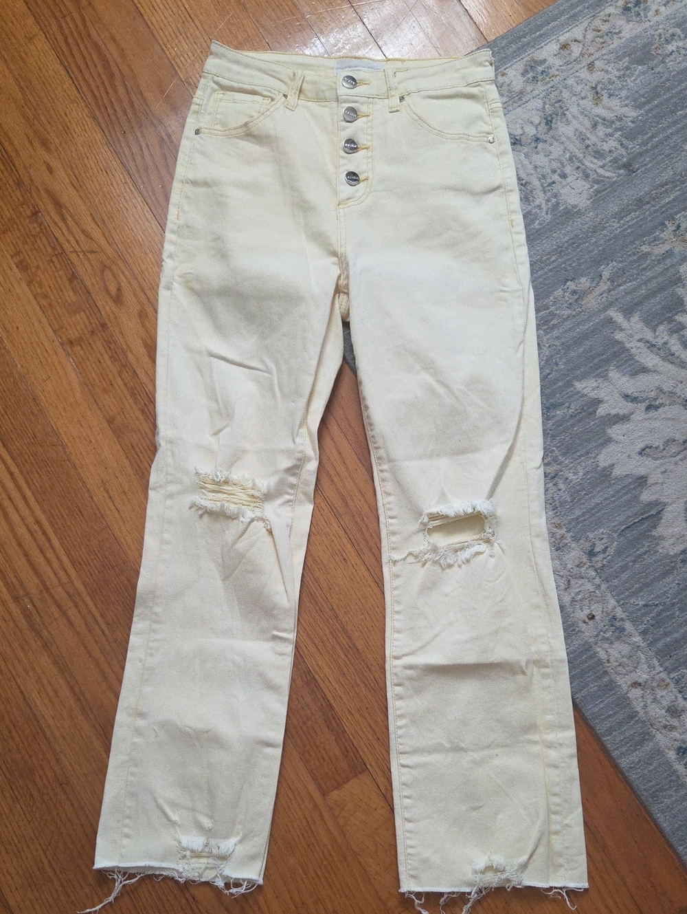 High-Rise Ankle Cropped Ripped Jeans in Pale Yellow - Brand Not Shown